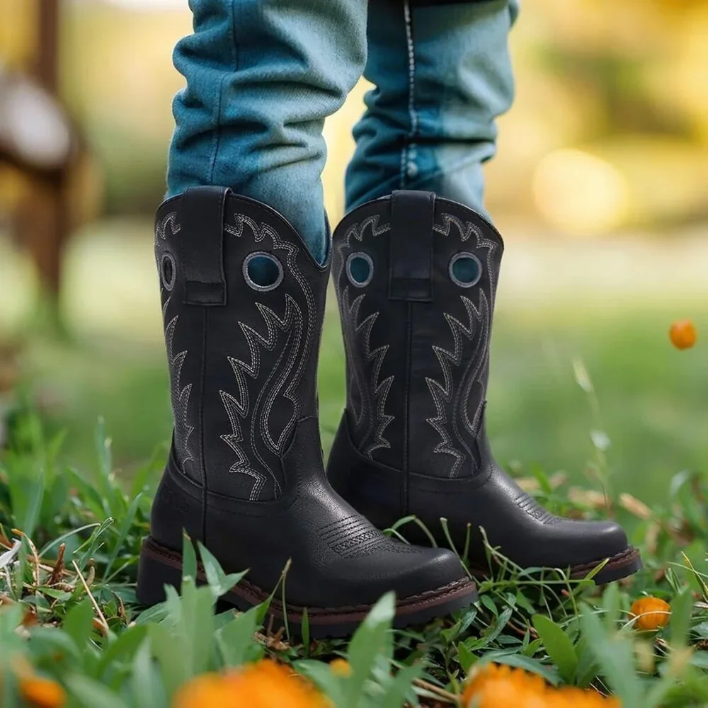 Kids Black Classic Western Boots Square Toe Girls Cowgirl Boots For Toddler